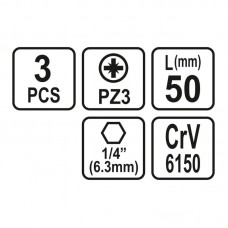 65477 STHOR Set 3 biti pozidrive PZ3, prindere hex..